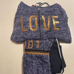 Navy blue with gold sequins zip up hooded sweat suit. Brand new size large